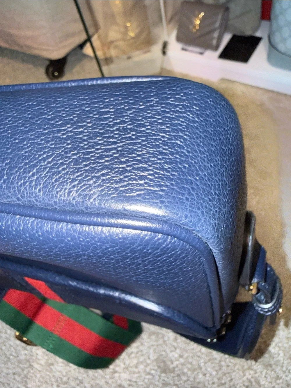 Gucci Navy Leather Crossbody with Red Stripe and Green Strap